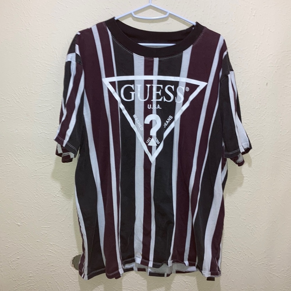 Black white and maroon striped guess shirt
